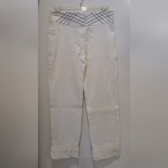 Bebe white with black embroidery Linen Pants - Picture 1 of 6